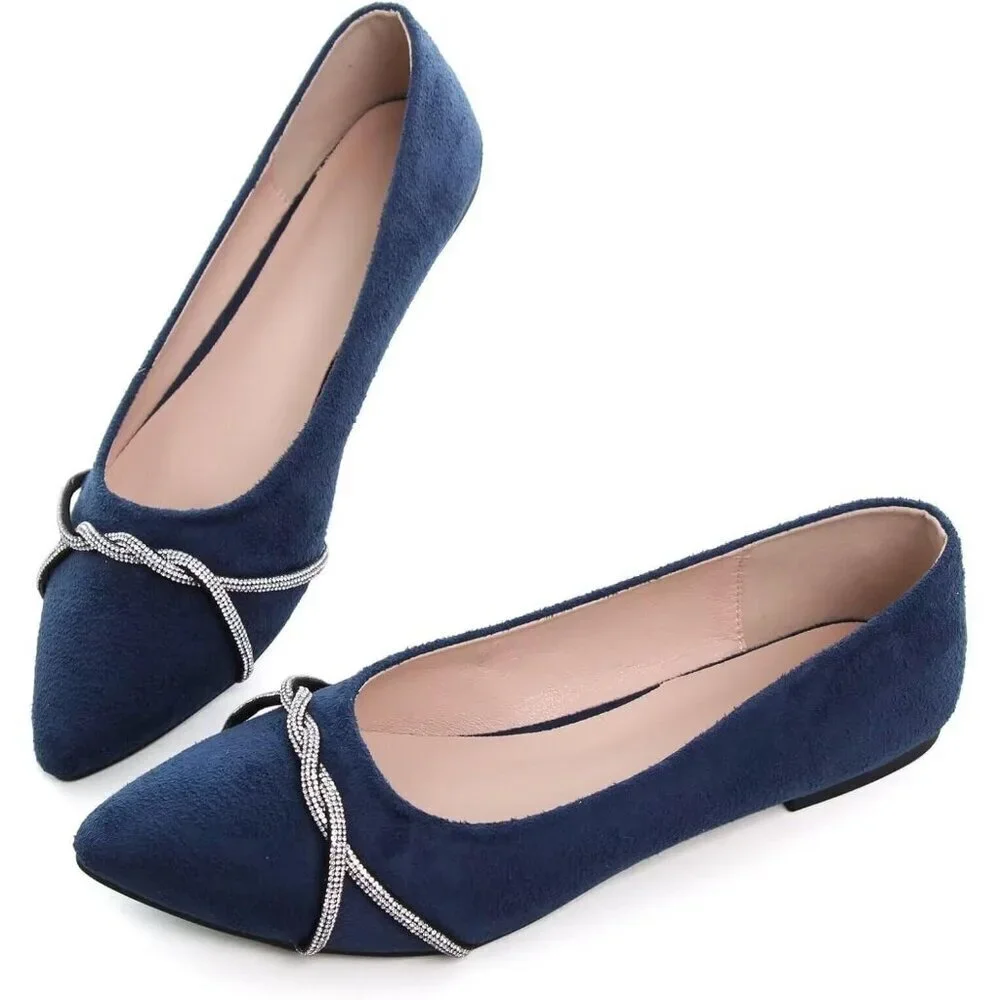 Women's Blue Casual Flats Fashion Chain Pointed Toe Ballet Flat Rhinestone